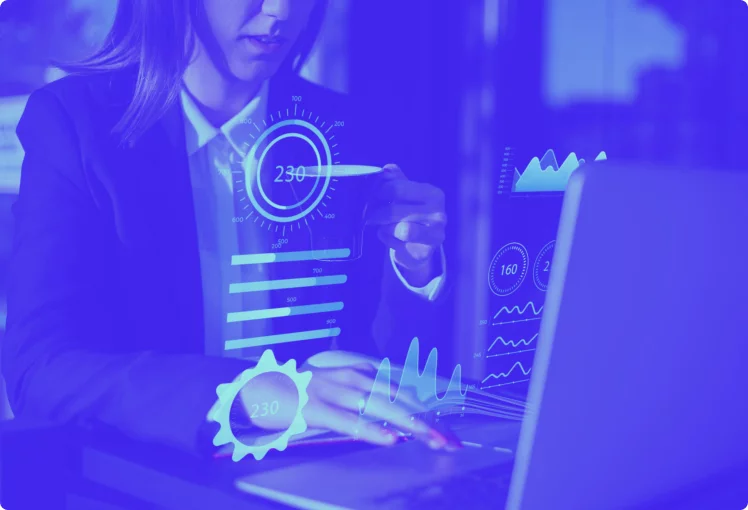 A business professional analyzing digital data on a laptop, with overlay graphics showing analytics, metrics, and performance indicators.  
